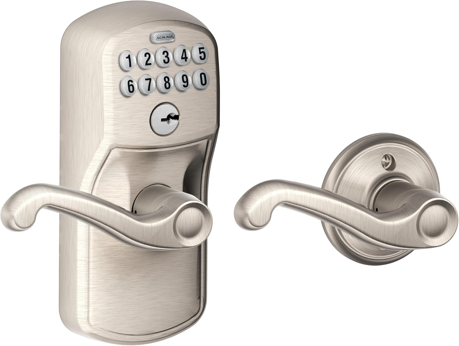 Electronic Keypad Lock, Lever Handle, Camelot Trim, Satin Nickel | Keypad door lock with handle, Keyless entry, Push