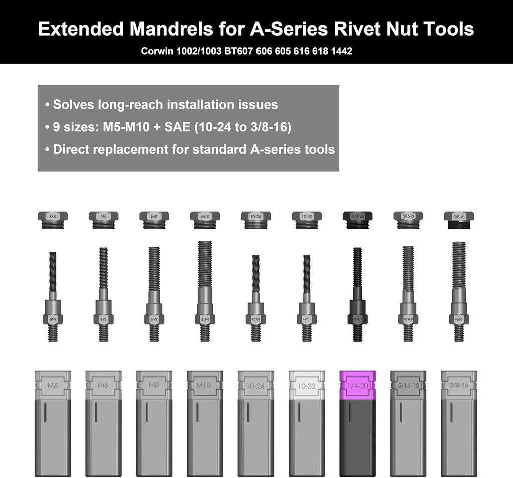 1/4-20 Extended Rivet Nut Gun Mandrels and Nosepiece Set, Specifically Designed for Installing Pre-bulbed Rivet Nuts