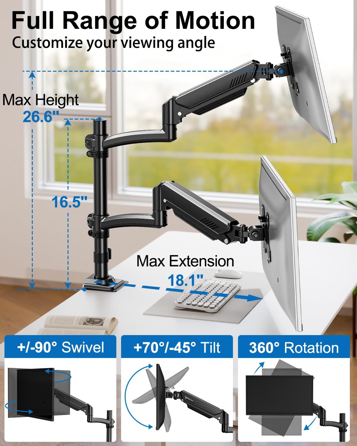 Dual Monitor Stand for Computer Screen up to 32", Holds 22 lbs Each | Taller Monitor Arms Desk Mount, Height