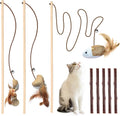 3-Piece Natural Wooden Cat Teaser Wand Toy Kit with 5 Silvervine Sticks and Elastic String Cat Pole Toy with Bell and