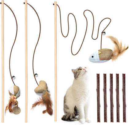 3-Piece Natural Wooden Cat Teaser Wand Toy Kit with 5 Silvervine Sticks and Elastic String Cat Pole Toy with Bell and
