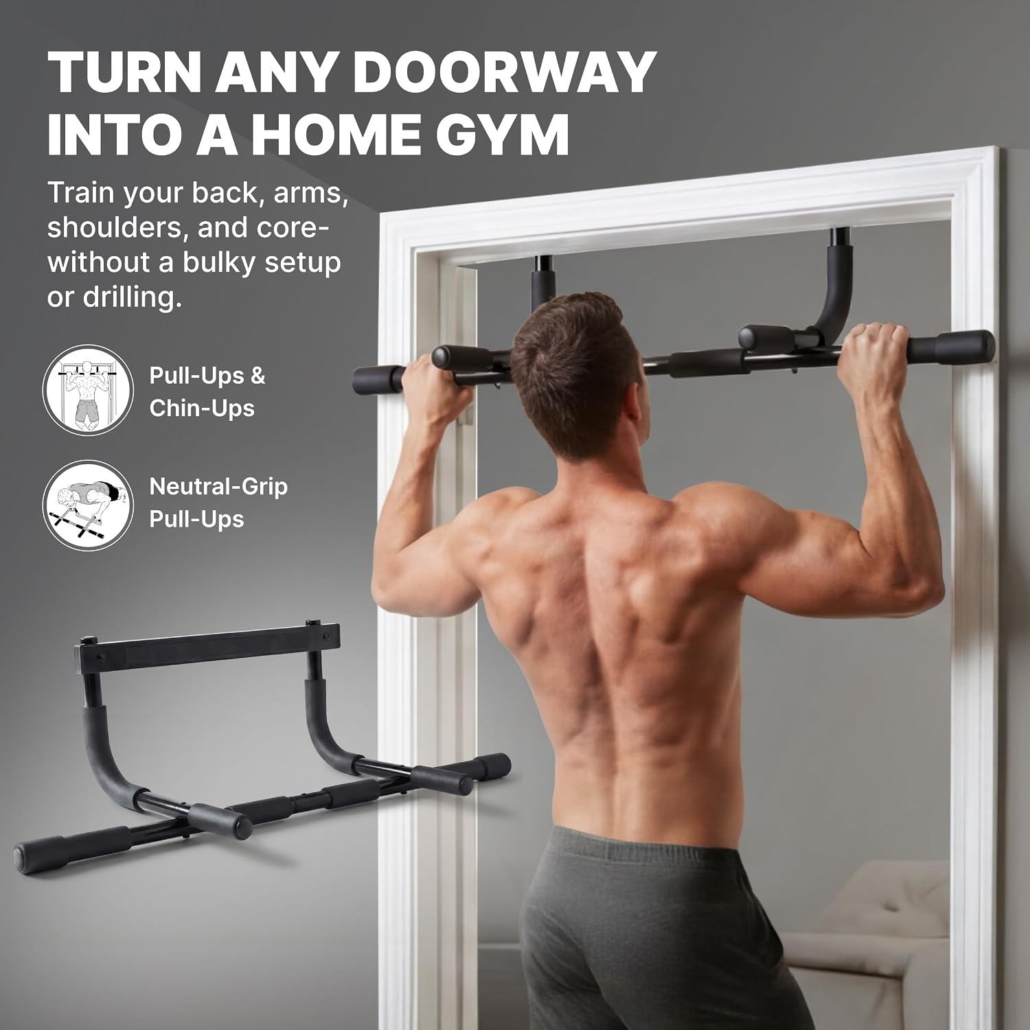 Pull Up Bar for Doorway - Upto 250 Lbs Capacity, No Screwing or Slipping, Hanging Pullup & Chin Up Bar for Door Frame