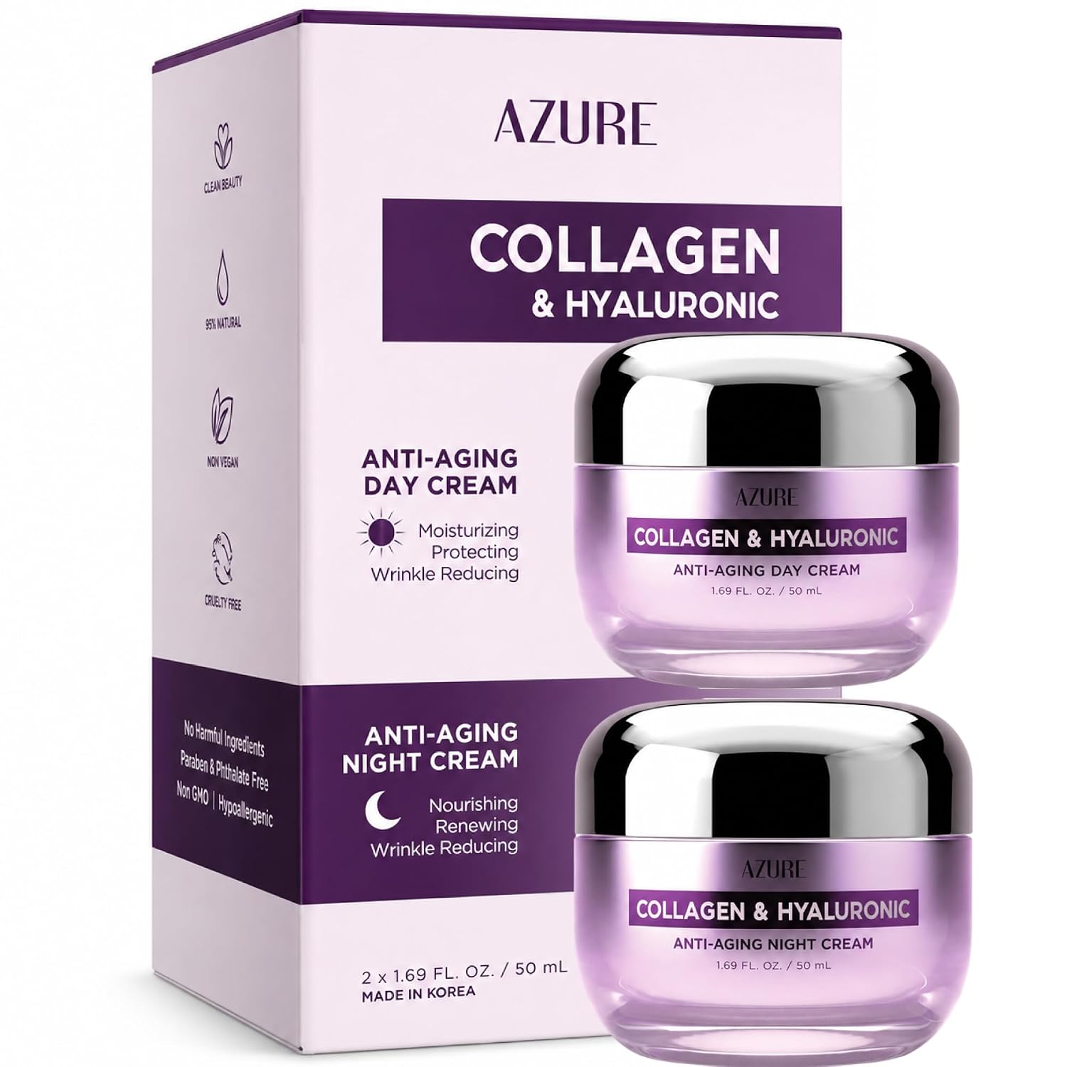 Collagen & Hyaluronic Acid Face Moisturizer, Hydrating Day &Night Cream Duo