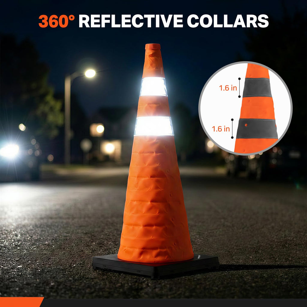 28 inch Collapsible Traffic Safety Cones Orange Plastic Base 4 Pack | Collapsible folds flat, reflective strips