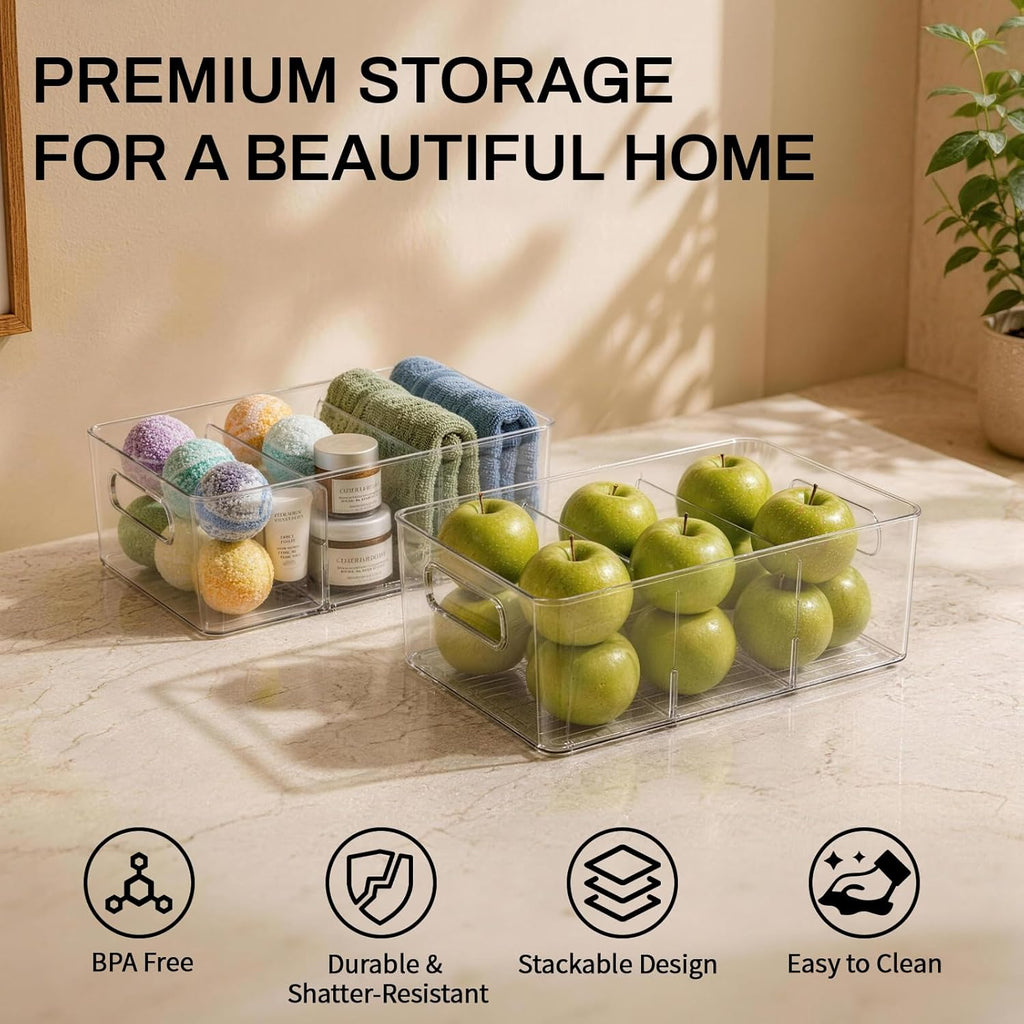 6 Pack Pantry Organizers and Storage,Clear Plastic Containers with 2 Dividers for Kitchen,Fridge Organization and