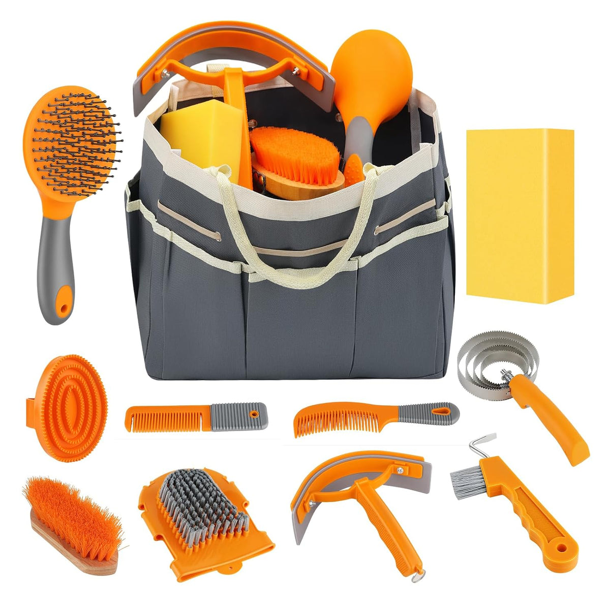 Horse Grooming Kit, 12-Piece Horse Brush Set with Storage Tote, Grey