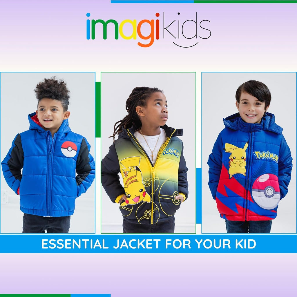 Pokemon Zip Up Winter Coat Puffer Jacket Little Kid to Big Kid
