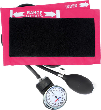 Deluxe Aneroid Sphygmomanometer Blood Pressure Set W/ Adult Cuff, Carrying Case and Calibration Tool - Pink