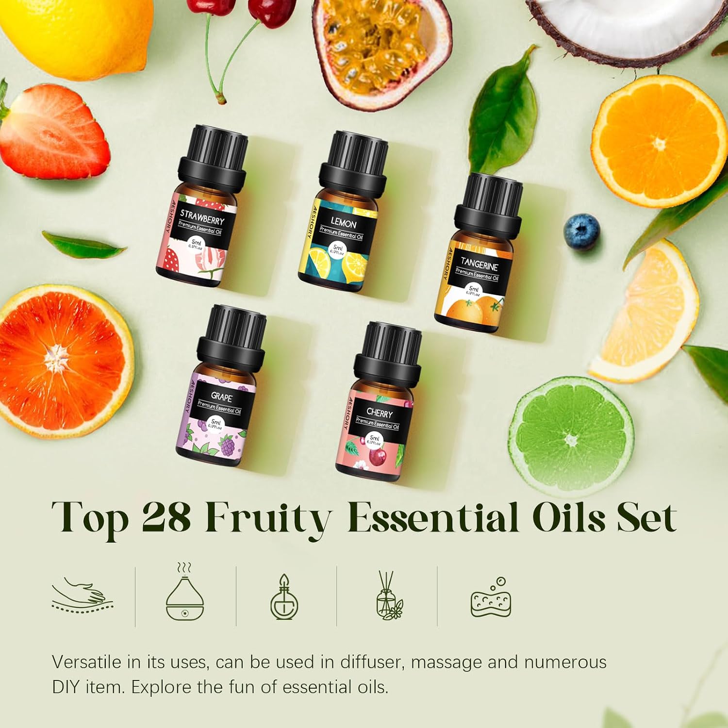 Fruity Essential Oils Set - Top 28 Fruit Fragrance Oil for Candle Making, Diffusers - Strawberry, Apple, Pineapple
