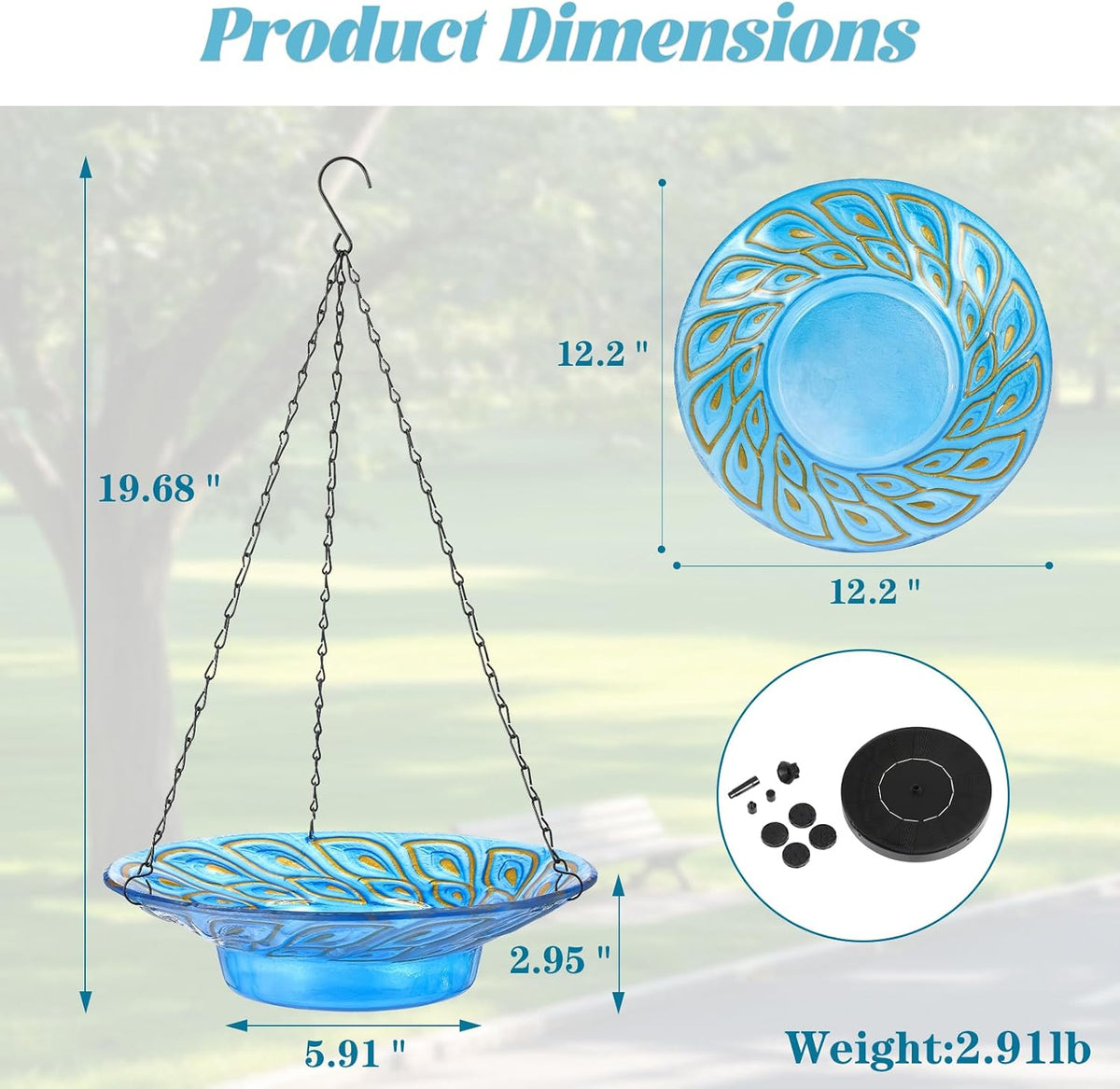 12.2" Hanging Glass Bird Bath for Outdoors, Blue Peacock Feather Pattern