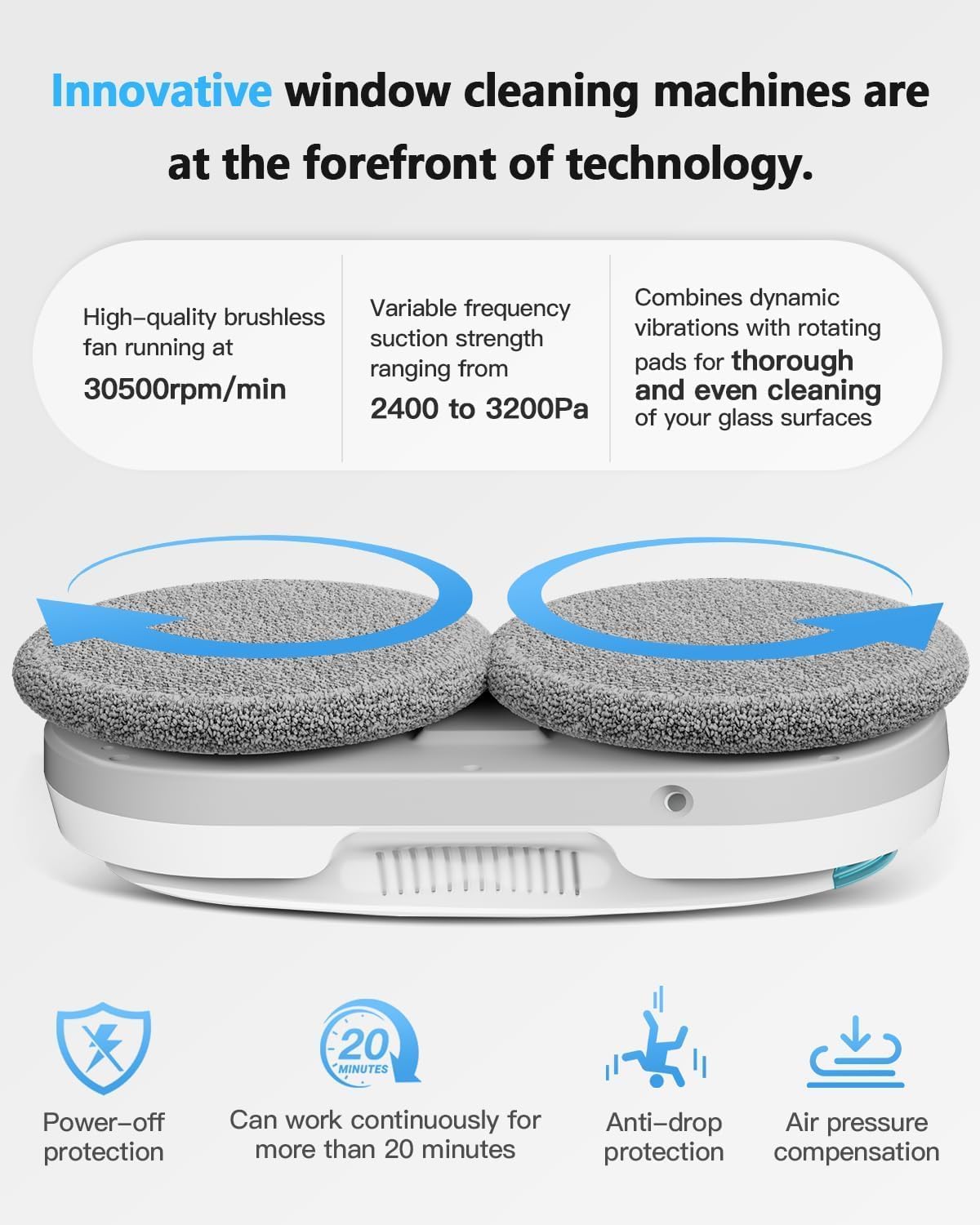 Window Cleaning Robot - Double Helix 4800-6400Pa Suction, (White)