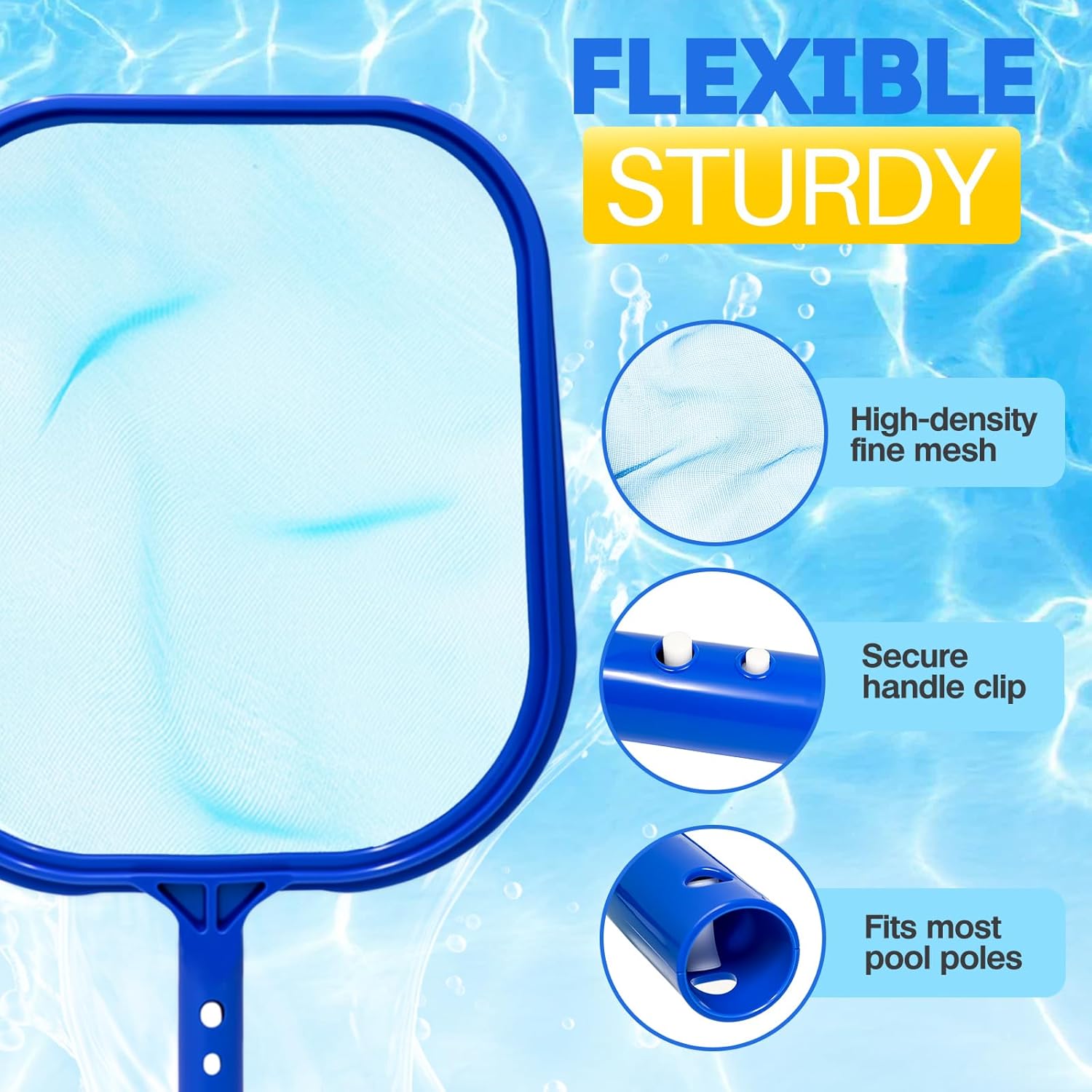 Pool Skimmer Net, Professional Swimming Pool Leaf Skimmer with Heavy Duty Frame, Fine Nylon Flat Mesh for Fast Debris