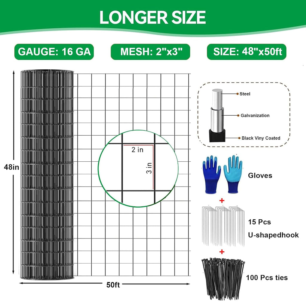 Welded Wire Fence 48inch x 50ft, 2inch x 3inch Black Chicken Wire Fencing, 16Gauge PVC Coated Garden Wire Fence
