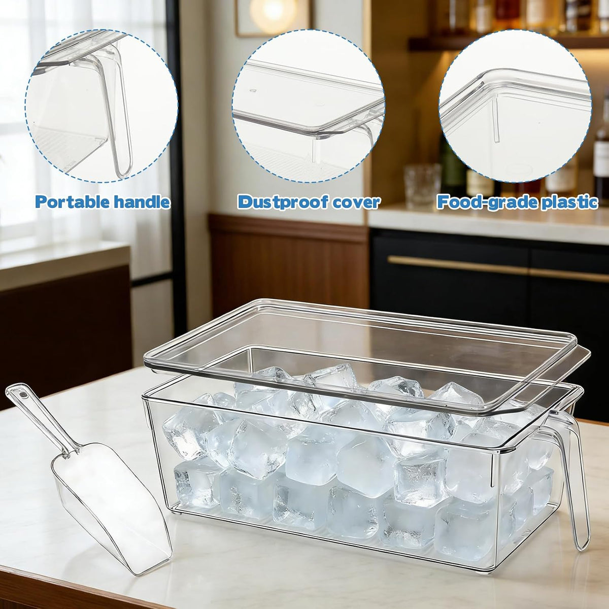 2 Set Ice Bin for Freezer with Lid and 2 Scoop Set Plastic Freezer Ice Bin with Pull-Out Handle Clear Storage Bucket