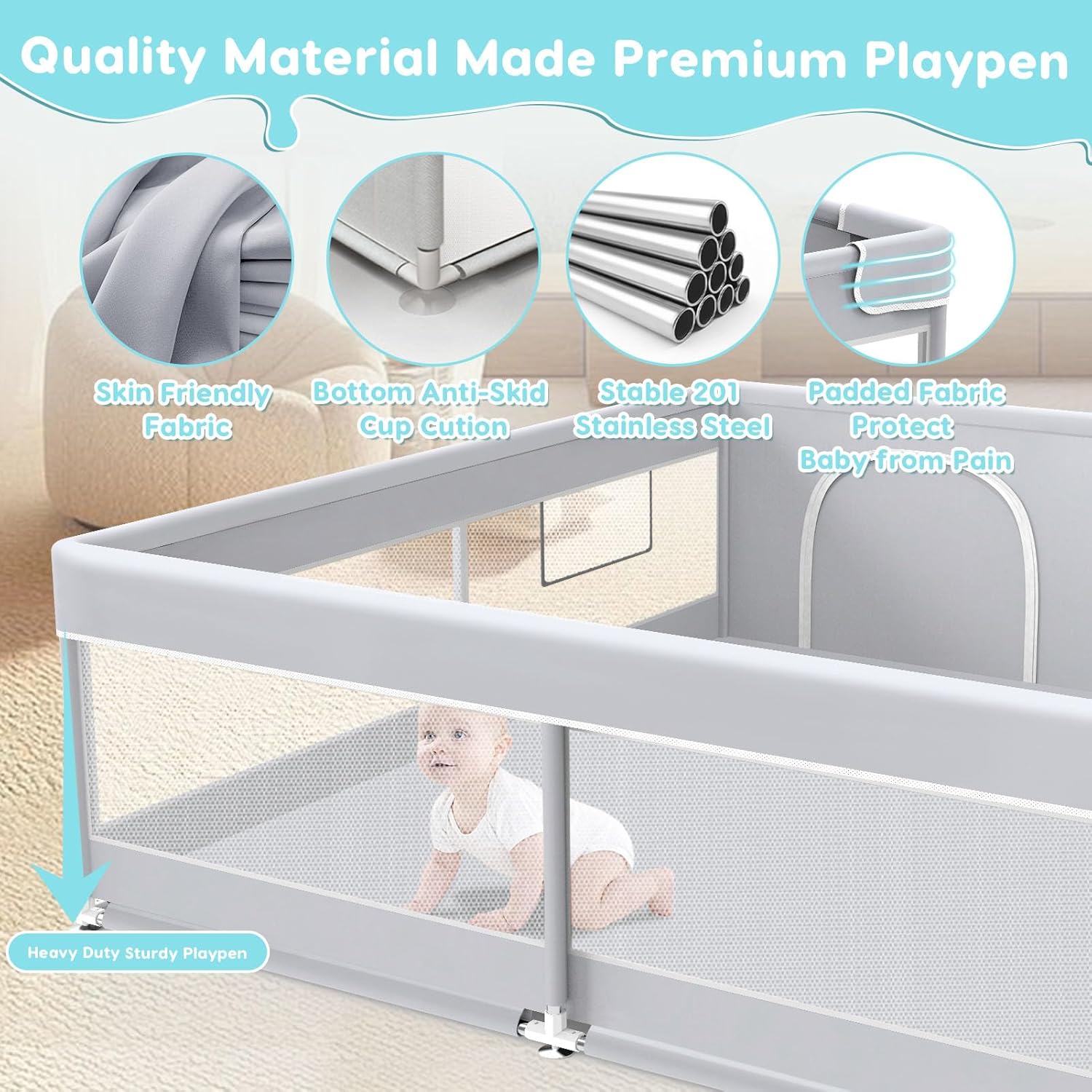 Baby Playpen, 50x50 Inch Baby Playard for Babies and Toddlers, Play Pens for Indoor & Outdoor, Sturdy Safety Play