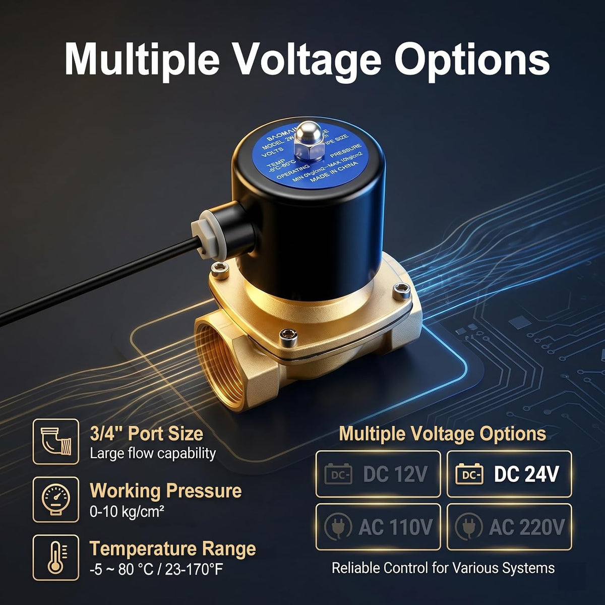 BAOMAIN 3/4" PT Brass Solenoid Valve DC 24V Normally Closed Valve