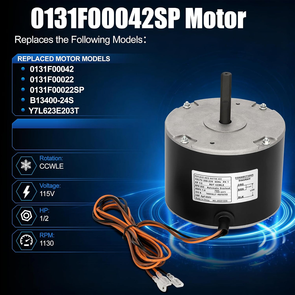 0131F00042SP Blower Motor, 1/2HP 7A 1130RPM 115V