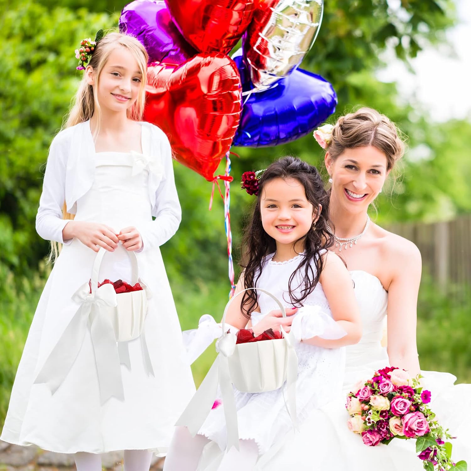White Flower Girl Basket and Ring Bearer Pillow Set Rhinestones Satin Wedding Ring Pillow Wedding Flower Baskets for