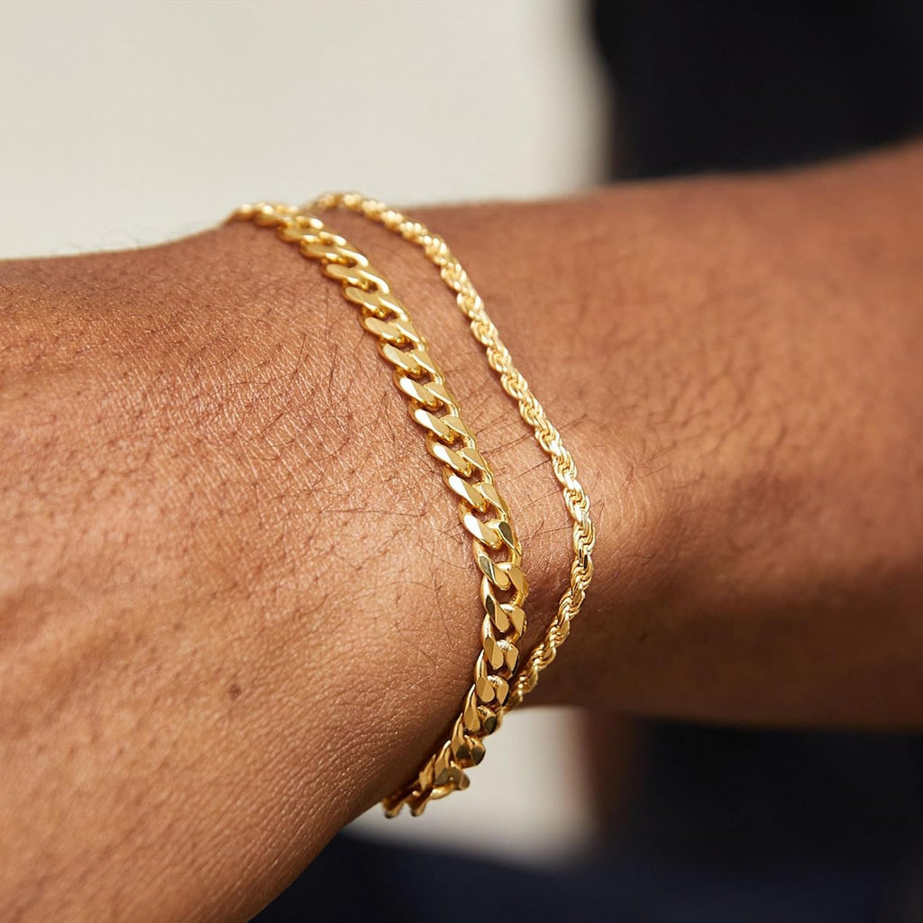 Mens Bracelet, 14K Gold Plated/Streling Silver Bracelets for Men Layered Cuban Rope Chain Bracelets 3mm/5mm Dainty