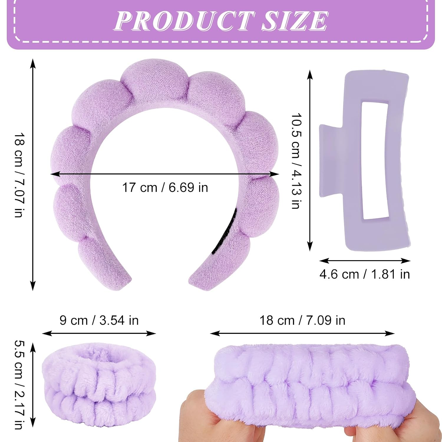 Spa Headband And Wristband Set Skincare Headband For Washing Face Hair Claw Clips For Thick Hair Cute Purple Puffy