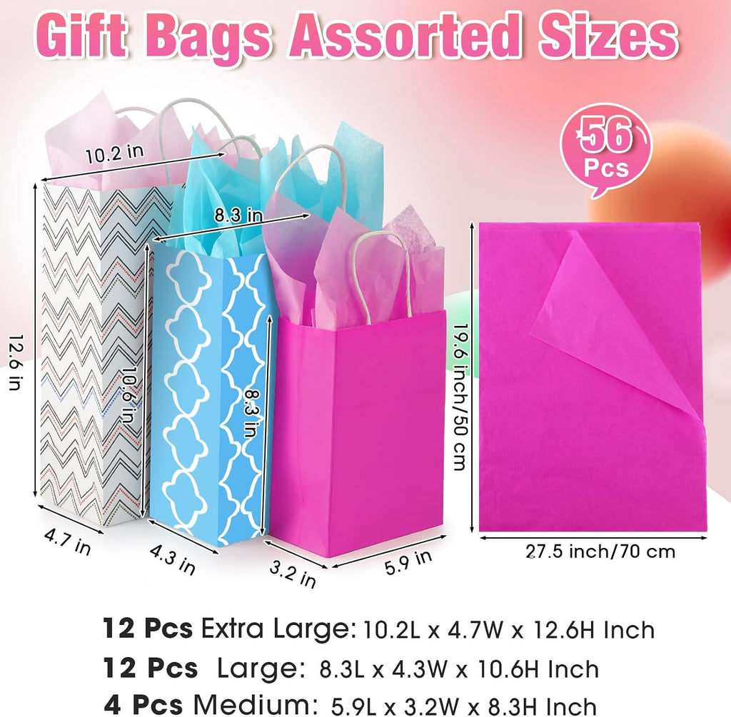 28 Pcs Christmas Assorted Sizes Gift Bags with 56 Tissues, Stripes