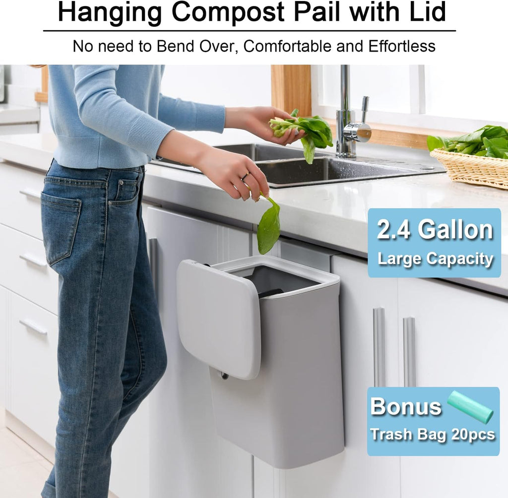 2.4 Gallon Kitchen Compost Bin for Counter Top or Under Sink, Hanging Small Trash Can with Lid for
