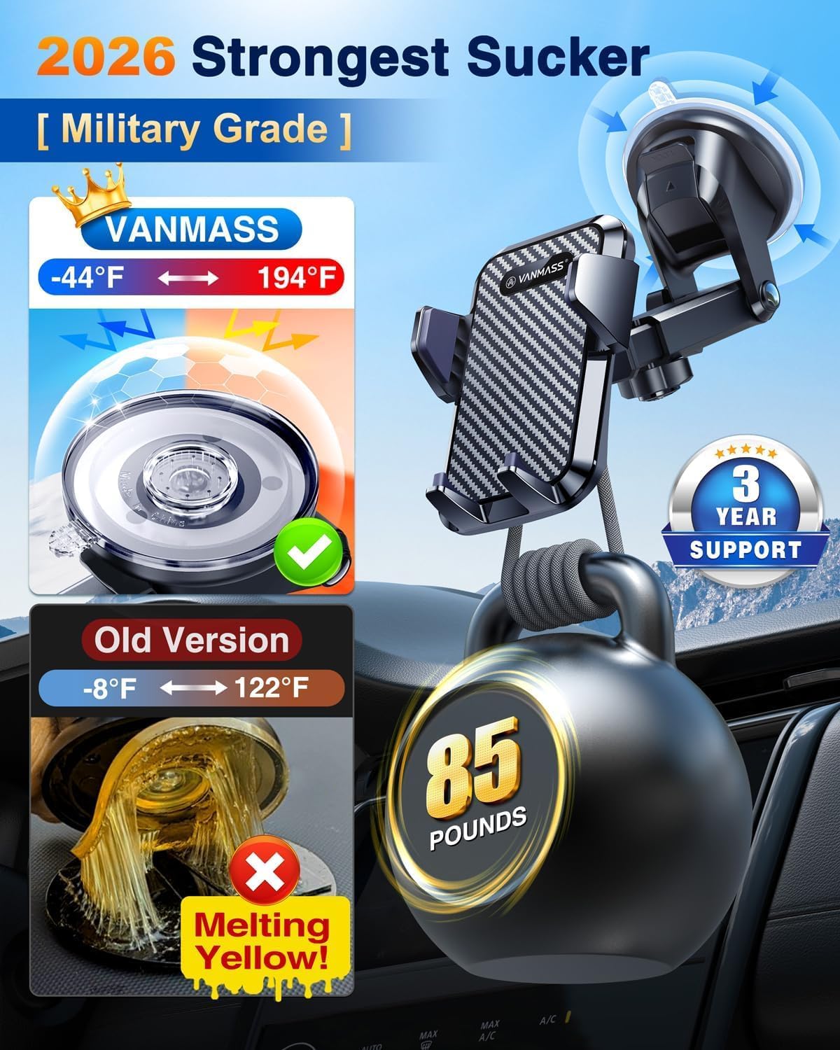 【85+LBS Strongest Suction & Military-Grade Ultimate Car Phone Mount【Patent & Safety Certs】 Cell Phone Holder for Dash
