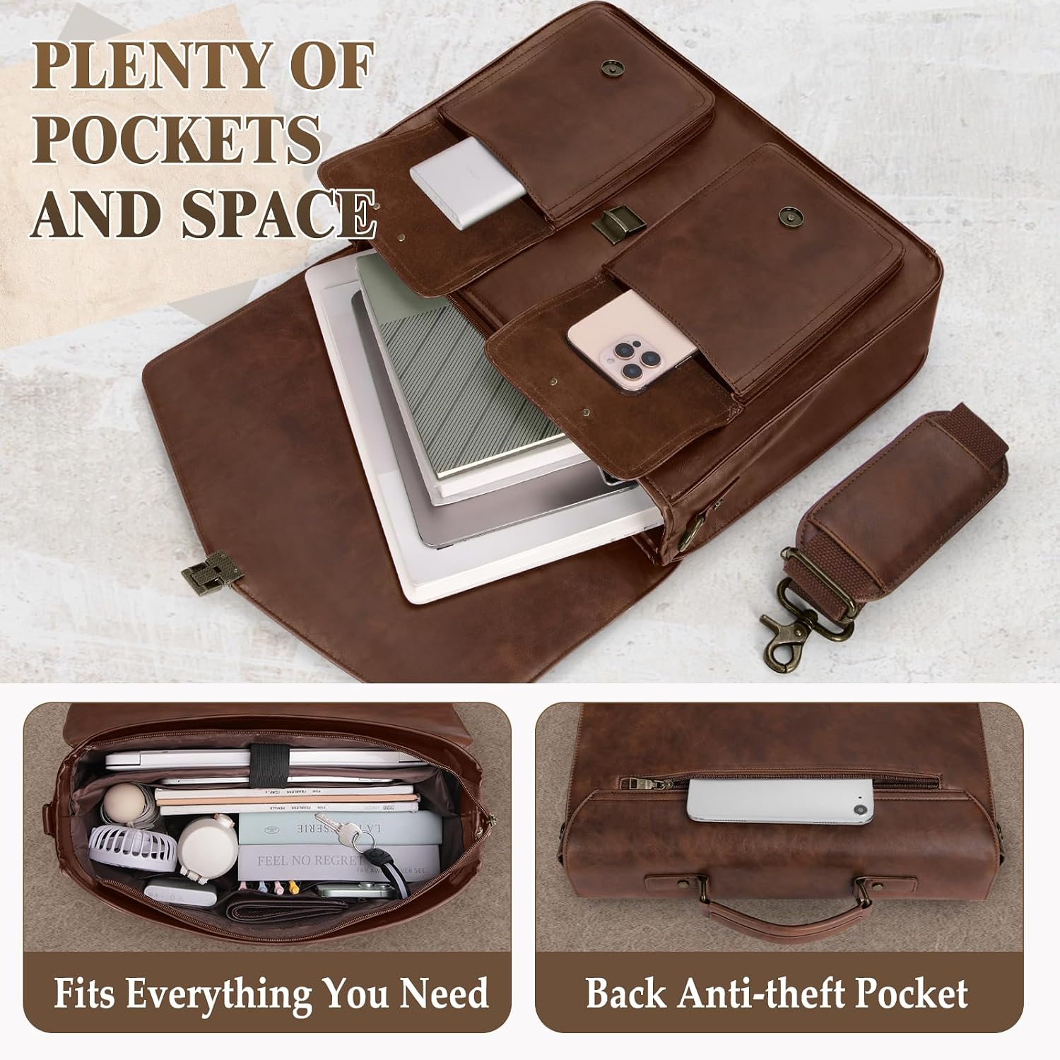 17.3 Inch Men's Messenger Bag, PU Leather Laptop Briefcase for Work, Office & Business Travel, Spacious Satchel Bag