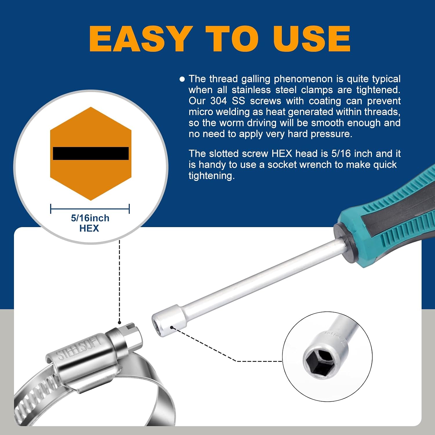 Non-Stripping Worm Gear Hose Clamps Size#36, 2 to 2-3/4 inch Adjustable Stainless Steel Hose Clamps for