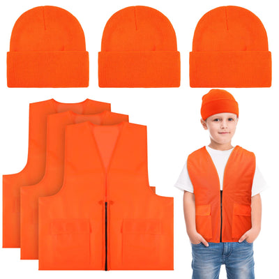 6 Pcs Blaze Orange Safety Vest Hat Set Youth,Knitted Hat Style