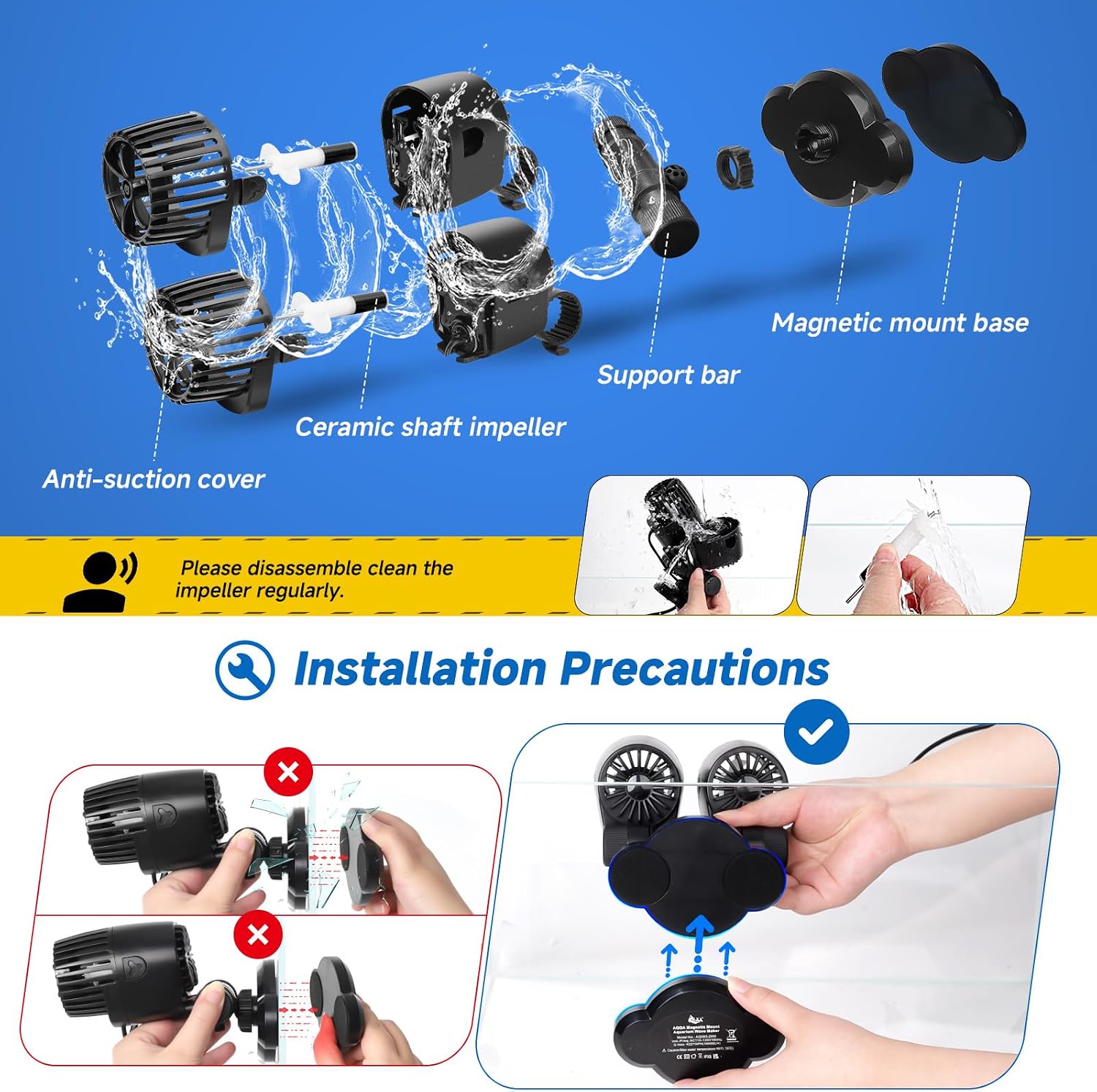 Aquarium Wave Maker - 20W 4277GPH Fish Tank Wavemaker Magnetic Mount Suction /360°+180°Adjustable Double