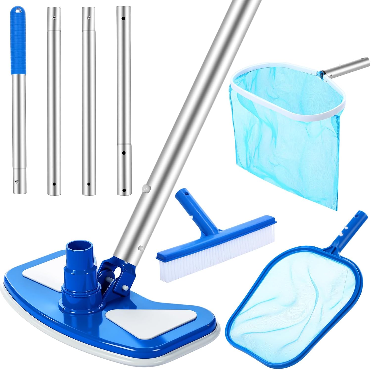 5 Pcs Pool Vacuum Cleaning Kit Includes Round Corner Pool Vacuum, 2 Skimmer Nets with 47" Adjustable Pole and 1 Brush