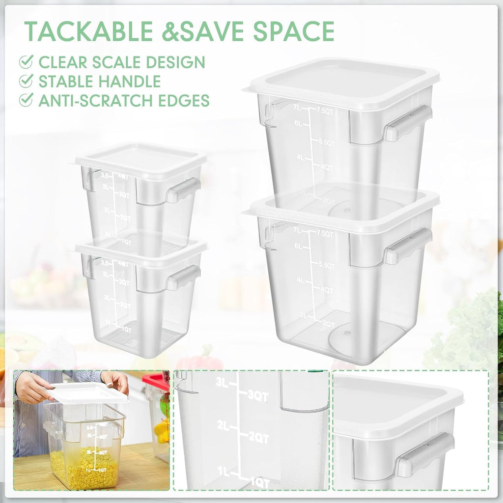 4 Pcs 8qt & 4qt Clear Food Storage Containers with Lids Handles and Scales, Stackable Plastic Square Food Storage