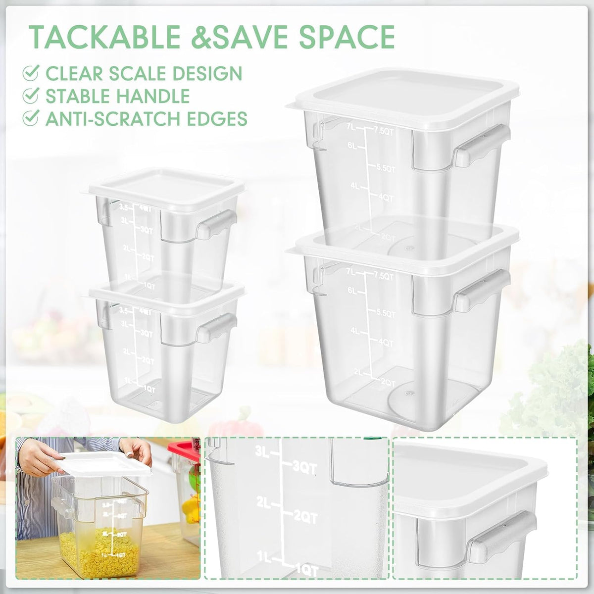4 Pcs 8qt & 4qt Clear Food Storage Containers with Lids Handles and Scales, Stackable Plastic Square Food Storage