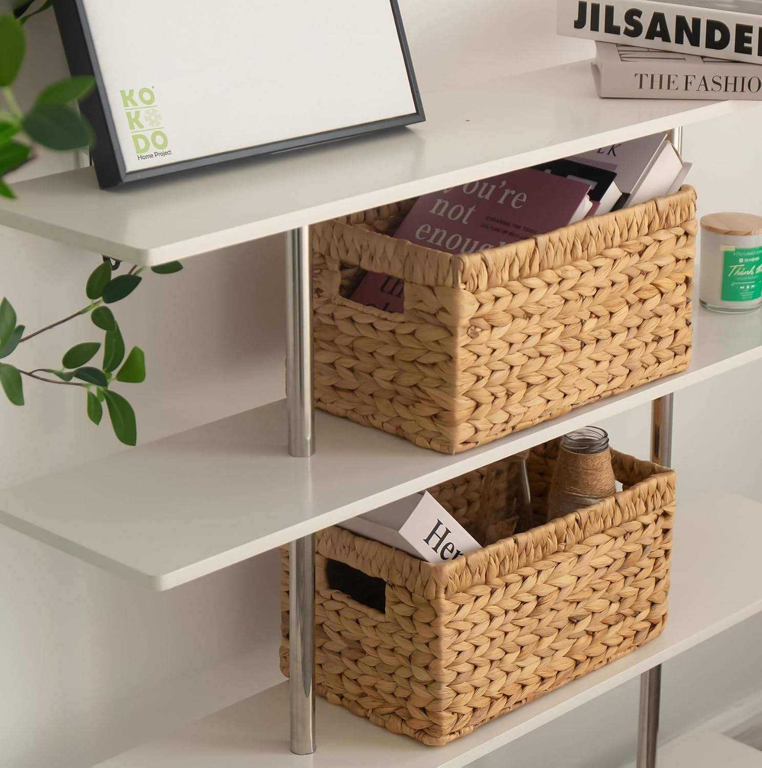 KOKODO Wicker Storage Basket Set of 2, Rectangular Baskets for Shelves with Handles & Chalkboard Labels, Handwoven