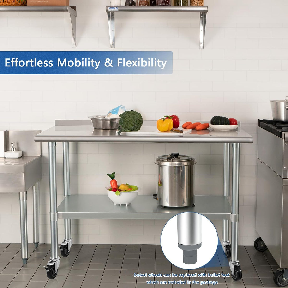 HARDURA Stainless Steel Table with Wheels 30X60 Inches, 2" Backsplash