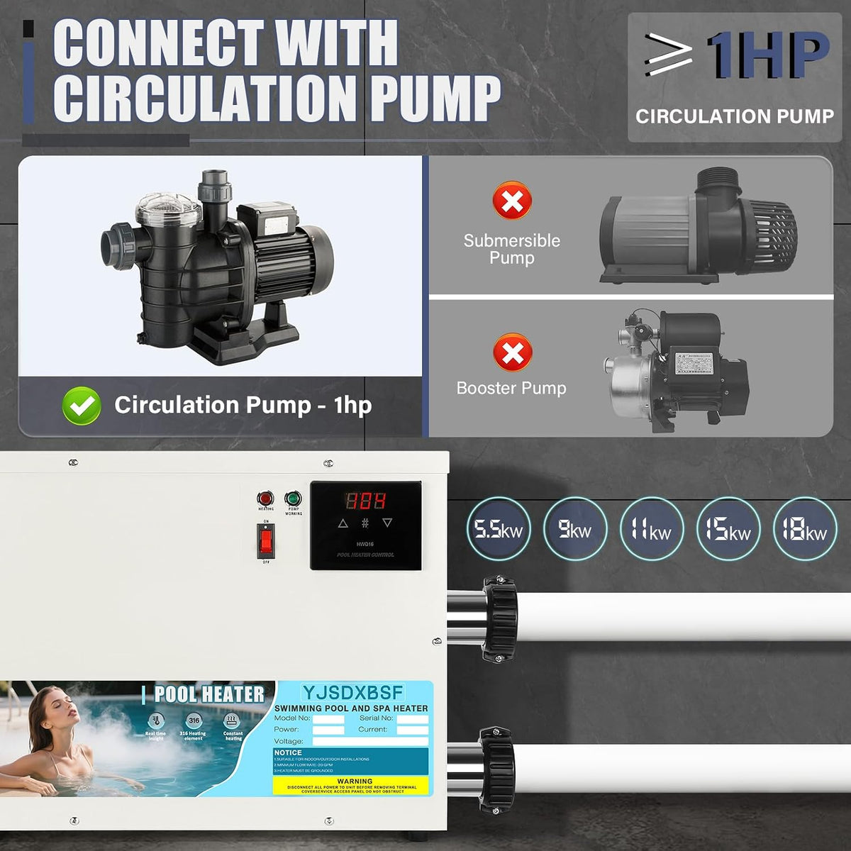 11KW 220V-240V Pool Heater for Above Ground Pools, Hot Tubs & Spa Heater