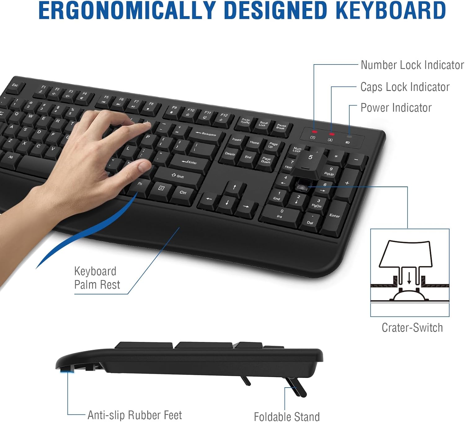 Wireless Keyboard and Mouse Combo, EDJO 2.4G Full-Sized Ergonomic Computer Keyboard with Wrist Rest and 3 Level DPI