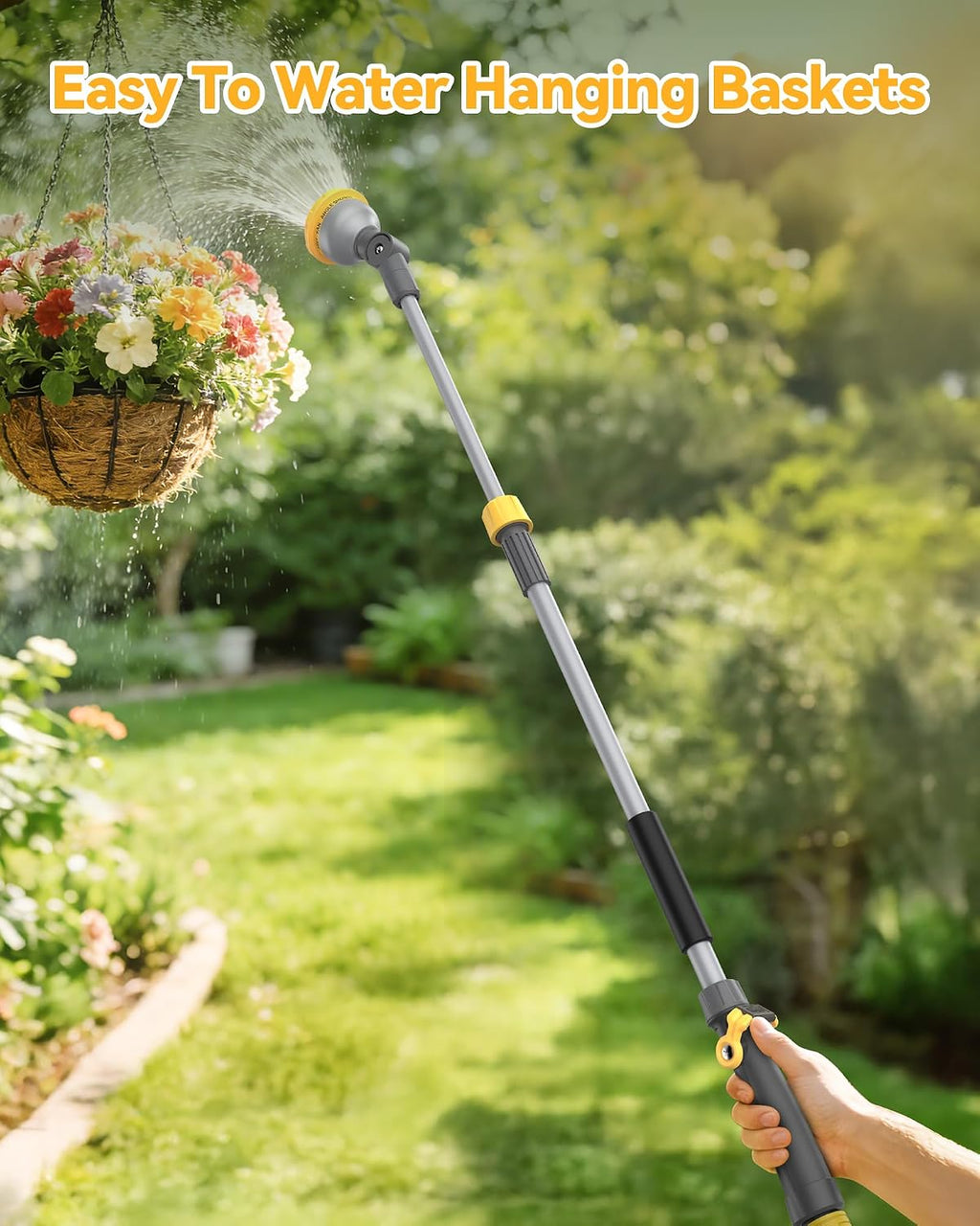 Watering Wand for Garden Hose, Adjustable 29–43 Inch Watering Wand with 10 Spray Patterns & 180° Swivel Head, Thumb