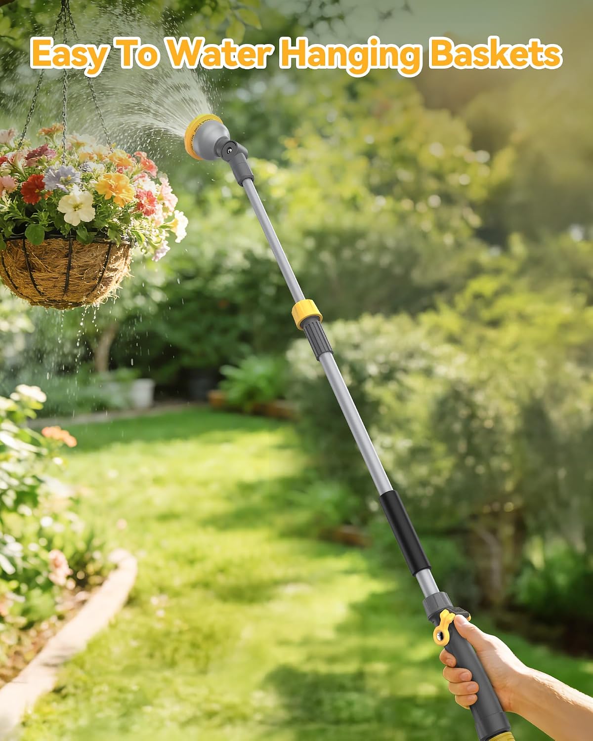 Watering Wand for Garden Hose, Adjustable 29–43 Inch Watering Wand with 10 Spray Patterns & 180° Swivel Head, Thumb