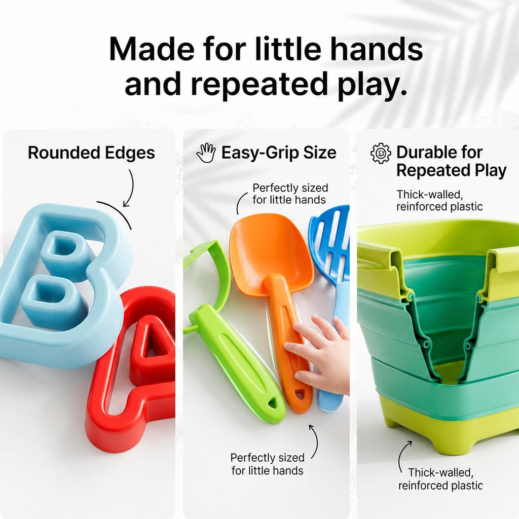 47pc Collapsible Beach Toys for Toddlers Kids ，Educational Sand Toys with Letter & Number Molds, Collapsible Bucket