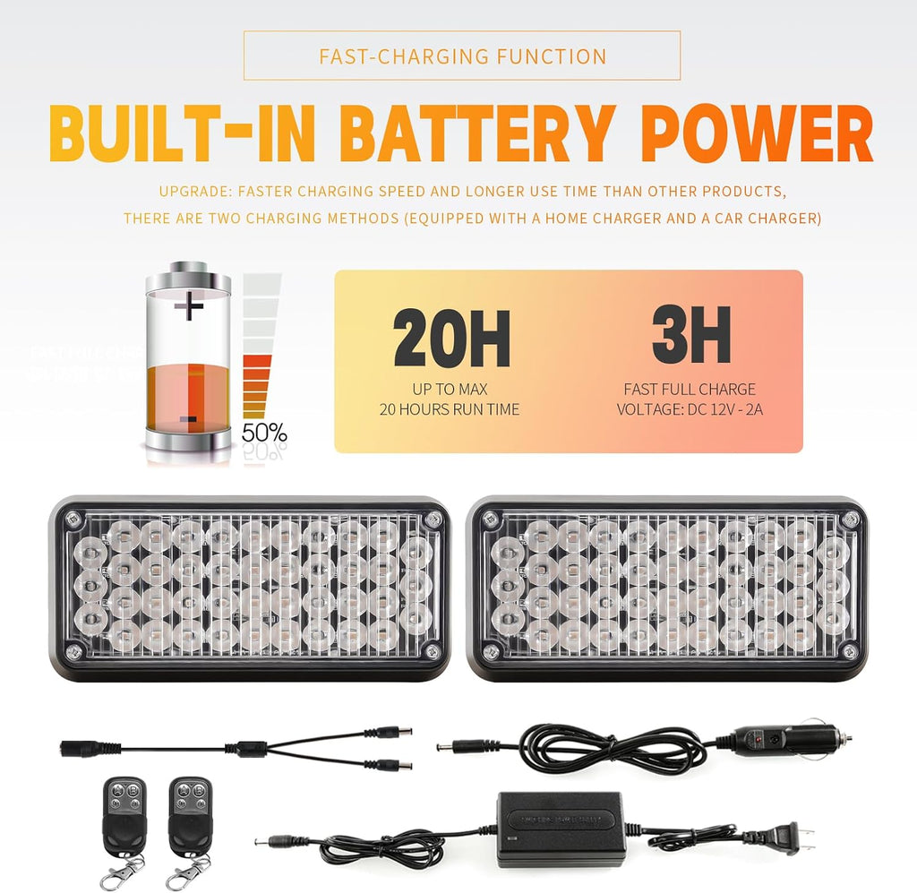 Amber/White Magnetic Flashing Strobe Light/w Controller, Battery Operated Rechargeable LED Safety Beacon Lights