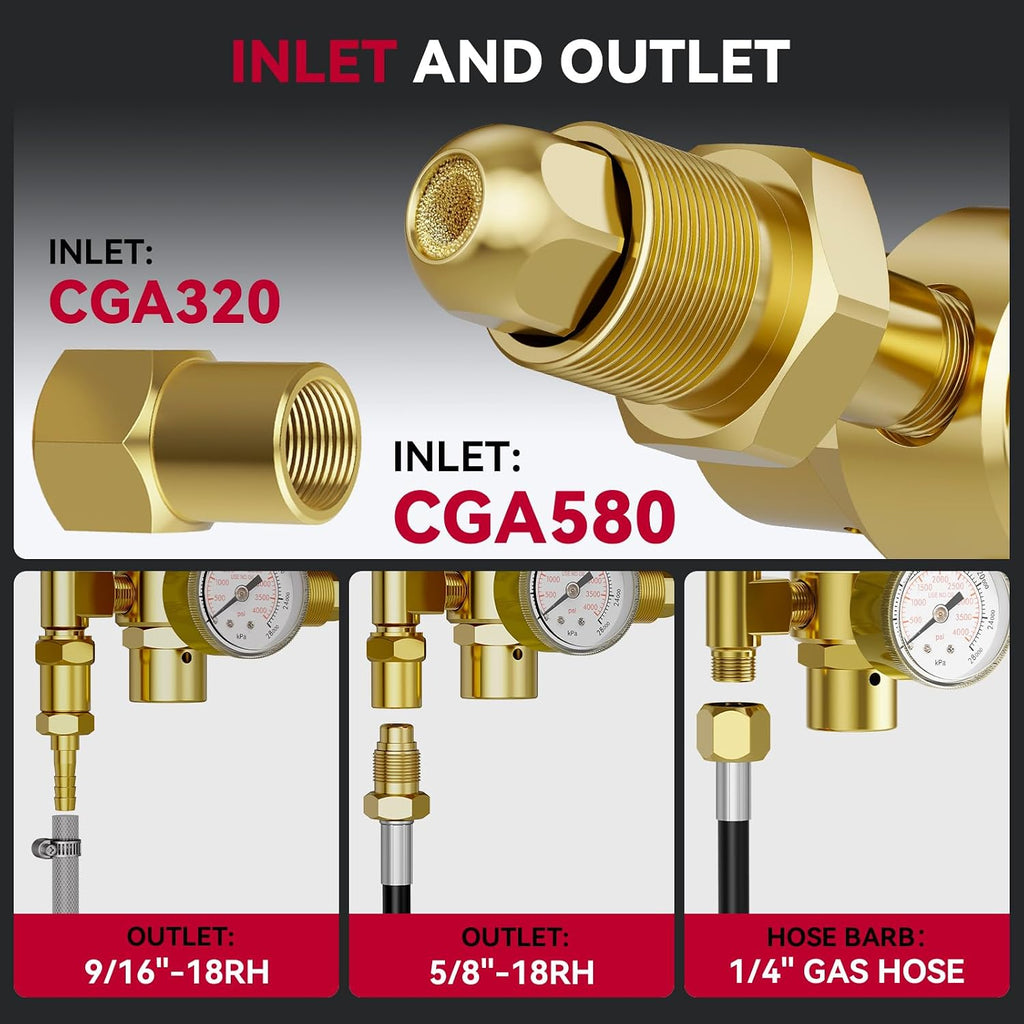 ARCCAPTAIN Argon/CO2/Helium Regulator, CGA580 and CGA320 Inlet Connection
