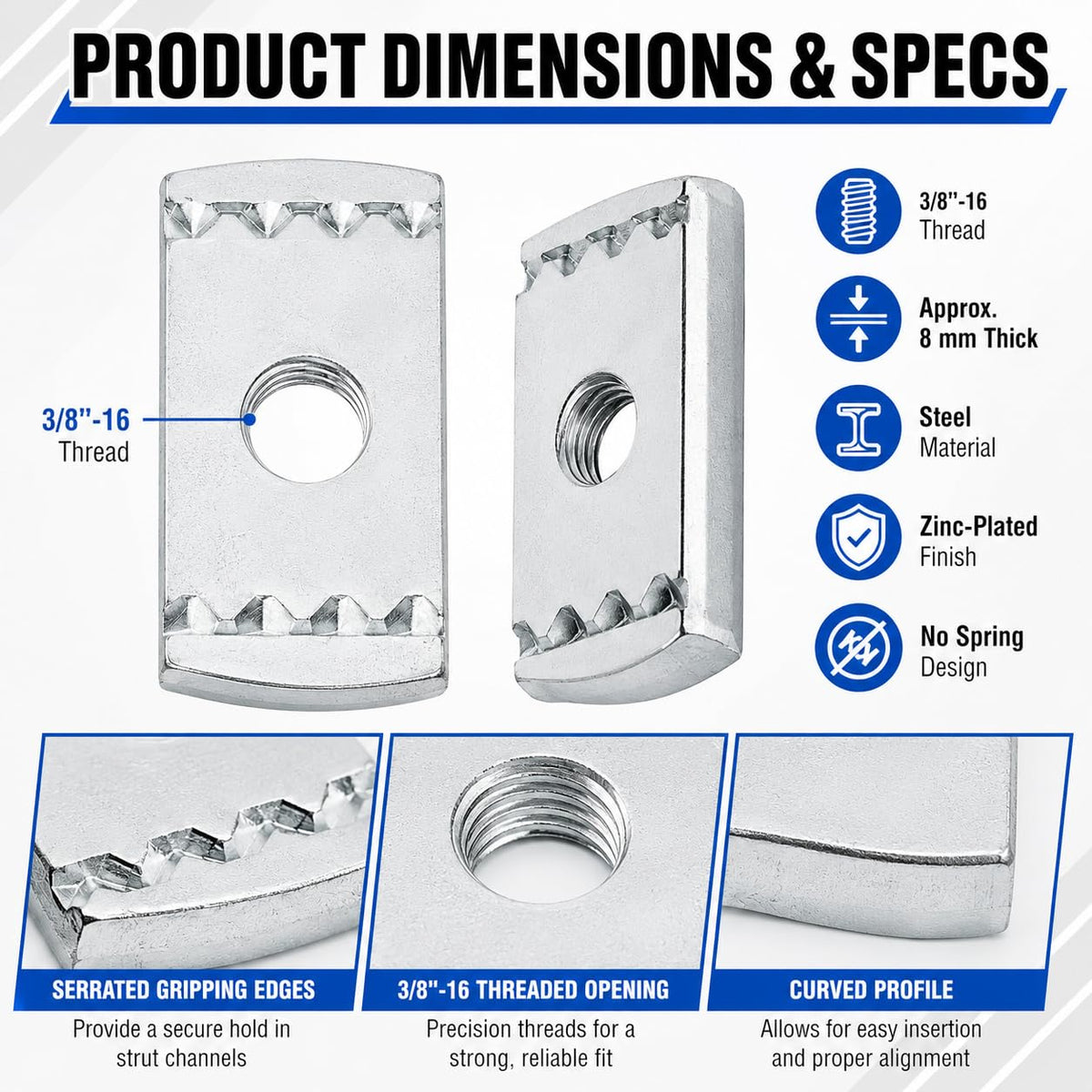100 Pack 3/8-16 Strut Channel Nuts, 8mm Zinc-Plated Steel, No Spring