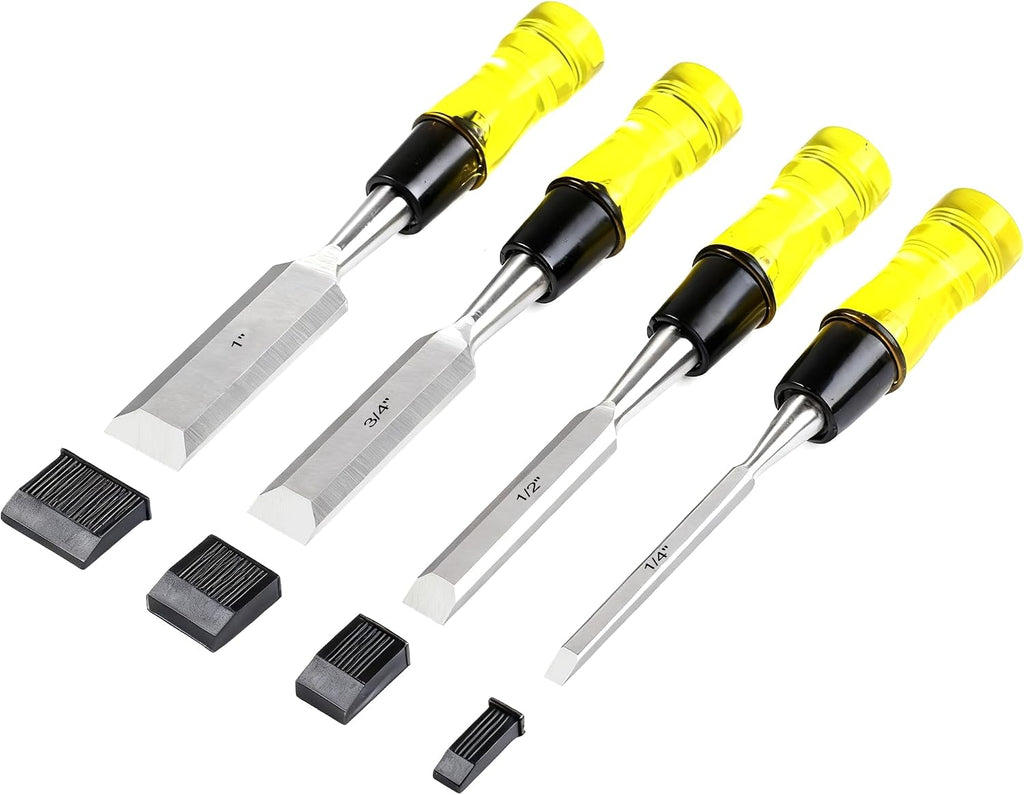 Wood Chisel Sets，4-Piece Woodworking Tools Set, CR-V Steel Beveled Edge Blades with Safety Caps. Durable PVC High