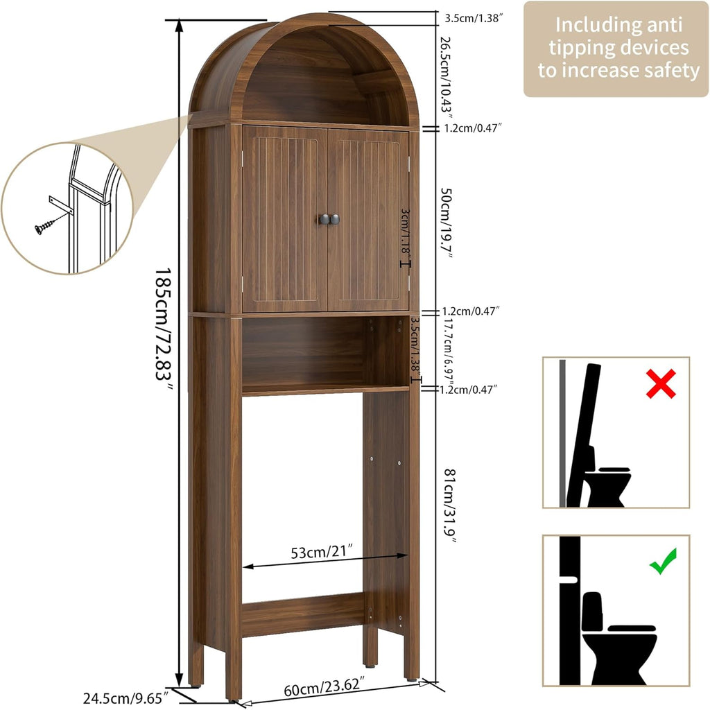 Arched Over The Toilet Storage Cabinet with Fluted Doors, 4 Tier Small Bathroom Shelf Organizer, Mid Century Modern