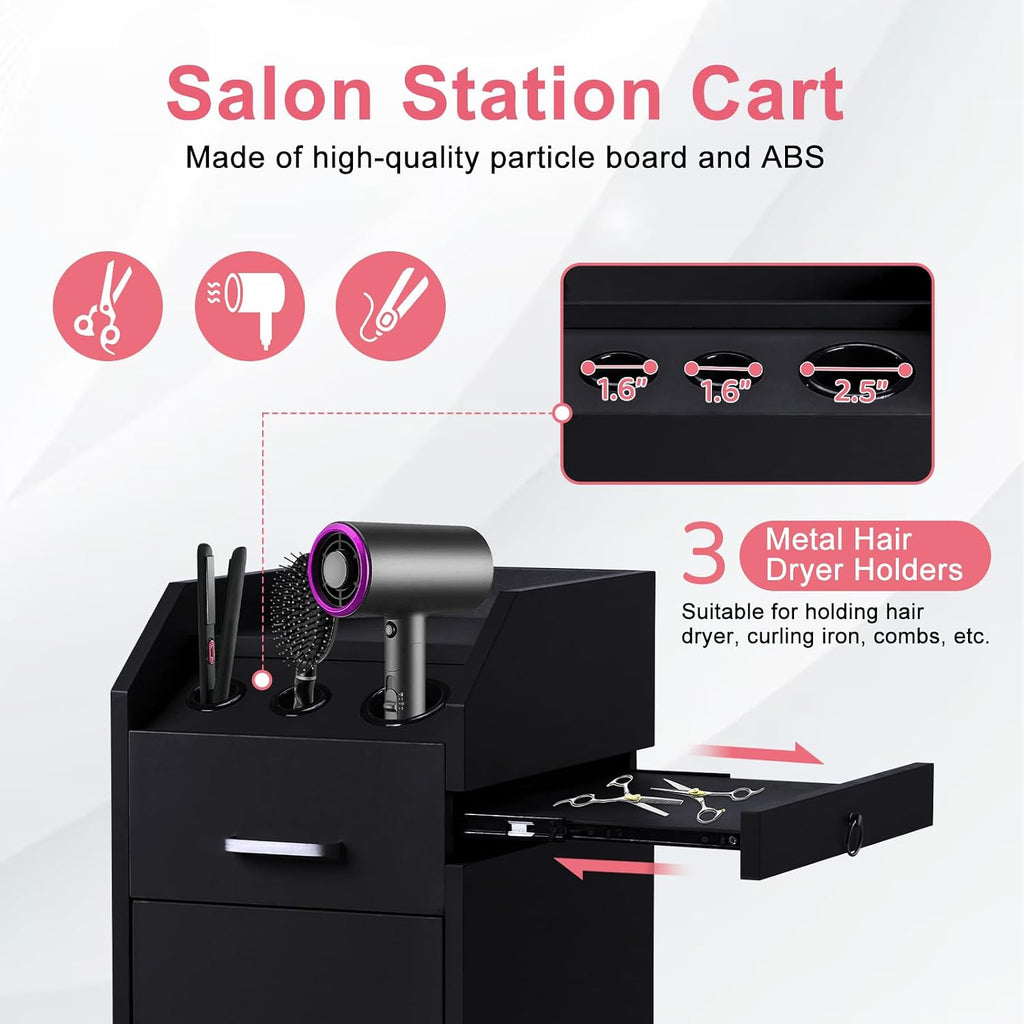 Salon Trolley Cart with 4 Trays, 3 Hair Dryer Holders, Black | Lockable Beauty Storage Cabinet with 4 Drawers