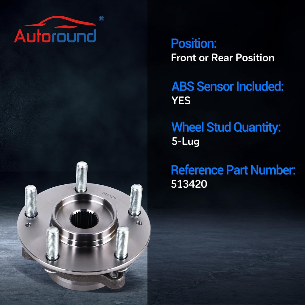 Autoround 513420 Front or Rear Wheel Bearing and Hub Assembly Compatible with Hyundai & Kia 2017-2023 Elantra, Forte, Kona, Ioniq, NIRO, Seltos, Veloster 5 Lugs w/ABS