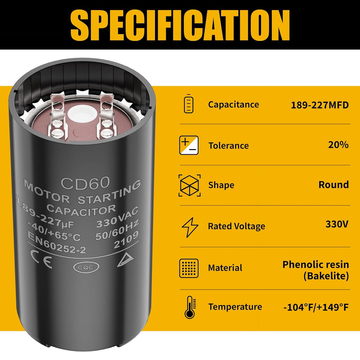 189-227 uf/MFD 330 VAC 50/60 Hz CD60 Round Motor Start Capacitor