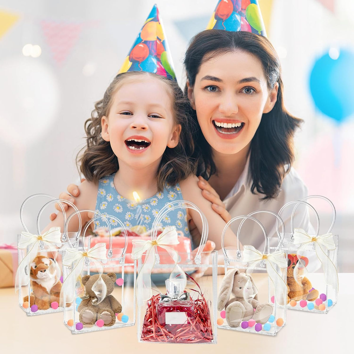 50 Pack 4.92" x 2.75" x 5.9" Clear Plastic Gift Bags with Handles